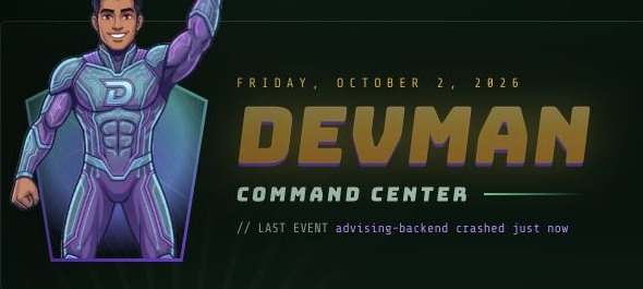 DevMan’s command-center header, with its illustrated superhero and bold gold wordmark