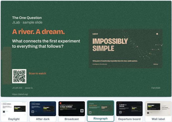 SlideDrop’s green and orange Risograph sample slide, with a JLab story, QR code, and six visual styles beneath it